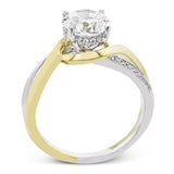 18K two-tone engagement ring has a delicate swirl design with a polished yellow gold side, and a white gold side set with 0.14 ctw of diamonds