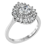 Crafted in 18K gold, this distinctive ring made for an Oval center stone features a halo of round diamonds 0.36 ctw, surrounded by a spray of baguette shaped diamonds 0.30 ctw.