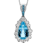 This 18K white gold necklace features a stunning 3.18 ctw Paraiba tourmaline center, surrounded by 1.05 ctw of white diamonds and a sprinkling of paraibas 0.07 tw. on the bail