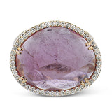 PINK POWER.  THIS 18K ROSE GOLD RING FEATURING A 14.88CT PINK TOURMALINE SURROUNDED BY .39CTTW DIAMONDS