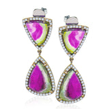 Versatile earrings serve as the perfect accessory for a summer evening out or add a pop of color to a classic button down and jeans.  Set in 18K rose gold, thiese earings feature .41cttw diamonds surrounding 14.32cttw watermelon tourmaline stones.