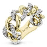 This two tone right hand ring from our chain link collection gracefully alternates diamond covered links with high polish golden ones 0.64 ctw.
