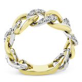 This two tone right hand ring from our chain link collection gracefully alternates diamond covered links with high polish golden ones 0.64 ctw.