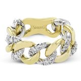This two tone right hand ring from our chain link collection gracefully alternates diamond covered links with high polish golden ones 0.64 ctw.