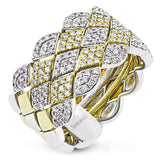18k two tone contemporary right hand ring consists of 5 interlocking bands to create the look of of a single wide band and has 0.77 ctw of diamonds