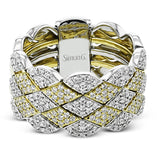 18k two tone contemporary right hand ring consists of 5 interlocking bands to create the look of of a single wide band and has 0.77 ctw of diamonds