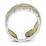 18k two tone contemporary right hand ring consists of 5 interlocking bands to create the look of of a single wide band and has 0.77 ctw of diamonds