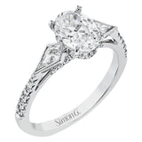 This modern 3 stone engagement ring is made for an oval center and flanked by 2 kite set diamonds 0.23 ctw, with round prong set diamonds along the shank 0.22 ctw.