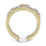 This three row ring gives the look of stacked bands but the comfort and security of one ring.  Created in 18k white, yellow and rose gold and featuring .65cttw diamonds, this ring pairs perfectly with any look.