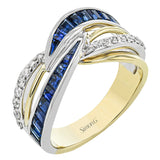 18k white gold criss cross fashion ring has tapered baguette sapphires 1.46 ctw., and 0.25 ctw. of round brilliant diamonds