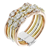 This five row ring gives the look of stacked bands but the comfort and security of one ring.  Created in 18k white, yellow and rose gold and featuring 1.07cttw diamonds, this ring pairs perfectly with any look.
