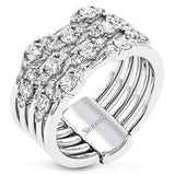 This five row ring gives the look of stacked bands but the comfort and security of one ring.  Created in 18k white, yellow and rose gold and featuring 1.07cttw diamonds, this ring pairs perfectly with any look.