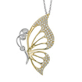 This modern two tone diamond encrusted butterfly pendant features .44 ctw of white diamonds on an adjustable 19 chain