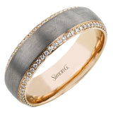 This 14k two-toned gold men's band is a fresh twist on a timeless look, with brushed gray gold in the center and high polish rose gold edges accentuated by .38 cttw round cut white diamonds.
