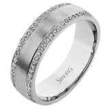 This 14k two-toned gold men's band is a fresh twist on a timeless look, with brushed gray gold in the center and high polish rose gold edges accentuated by .38 cttw round cut white diamonds.