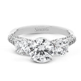 This impressive three stone ring design features a full 1ct total diamond weight on the sides of the center stone, along with .33 ctw of diamonds extending down the sides of the ring.