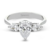This distinctive three stone ring is new take on a classic style, with .45 ctw of pear shaped side diamonds highlighting the pear shaped center stone.