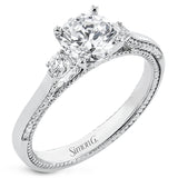 Diamond side stones, milgrain and diamond detailing on the sides of the ring add to the beauty of this unique engagement ring.