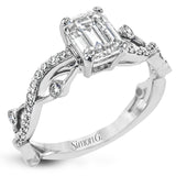 This distinctive, dynamic ring with an intertwined design is specially crafted for an emerald shaped center stone.