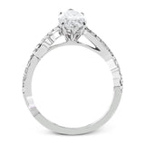 A unique twisting design on the band makes this engagement ring stand out from the rest. This particular style is made to perfect hold a marquise shaped center stone.