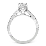 The intertwined design of this 18k gold engagement ring perfectly offsets an oval shaped center stone.