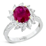 A 2.53 ct ruby glows in the center of a swirl of 1.20 ctw of marquise diamonds in this specialty gemstone ring.