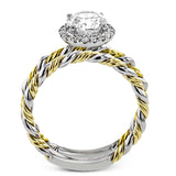This ring is a twist on a halo engagement ring, with 18k yellow and white gold intertwining in the band.