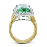 18k right hand ring has a twisted yelow gold coil shank, and features a stunning an emerald cut Green Tourmaline 9.90 ctw. with a halo of white diamonds 0.77 ctw.