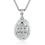 A one-of-a-kind diamond pendant features perfectly cut baguettes 0.27 ctw, and round brilliant diamonds .07 ctw, suspended in an oval shaped gold casing on 19” chain