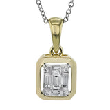 This 18k white and yellow gold pendant is the perfect touch to any ensemble, with a rectangular mosaic made up of .02 ctw round diamonds and .22 ctw baguette shaped diamonds.