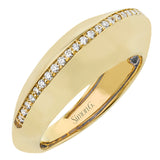 Smooth 18k yellow gold is accentuated by a central line of .23 ctw of glimmering white diamonds in this modern ring that adds the perfect touch of luxury to every day.
