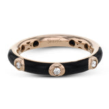 A sleek modern classic, this 18k gold and enamel ring contains .07 ctw of bezel set white diamonds.