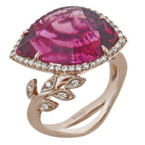 A true masterpiece, this 18k rose gold ring features a 9.98ct rubelite surrounded by .29cttw diamonds.