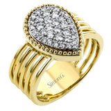 Bold gold layers make quite the statement in this fashion ring, set with a pear shape covered in .47 ctw of white diamonds.