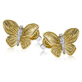 These charming butterfly earrings alight on the ears, crafted in 18k yellow gold with .12 ctw of white diamonds.