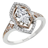 This intricate and unique ring setting is made for a marquise shaped center stone and features .23 ctw of white accent diamonds in 18k white and rose gold.