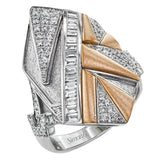 This bold ring features planes of 18k white and rose gold in architectural shapes, like folded geometry. It contains .56 ctw round diamonds and .49 ctw baguette shaped diamonds.