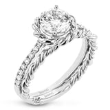 This ring is certainly a twist on a classic, with the band and halo formed from two tones of 18k gold twisted together, and the engagement ring set with .18 ctw of diamonds.