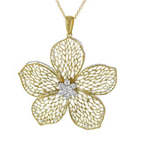 A beautiful flower is spun from the finest gold in this exquisite pendant, set with .31 ctw of diamonds at its center.