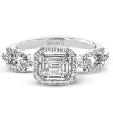 Vintage inspired yet modern, this white gold ring features a central emerald shaped mosaic of diamonds and a striking chain-like design on the band.