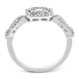 Vintage inspired yet modern, this white gold ring features a central emerald shaped mosaic of diamonds and a striking chain-like design on the band.