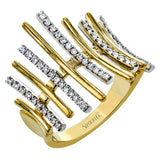 This yellow/white 2tone ring has a concave shape and features alternating bars of high polish gold, and diamonds 0.41 ctw.