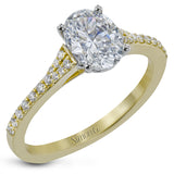 Simple yet stunning, this graceful engagement ring is made for an oval cut center stone and is set with .16 ctw of white diamonds.