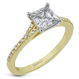 Simple yet stunning, this graceful engagement ring is made for a princess cut center stone and is set with .16 ctw of white diamonds.