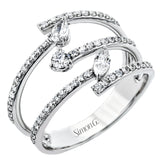 This geometric ring showcases .43 ctw of round diamonds, .08 ctw marquise accents, and one .07 ct of pear shaped diamond.