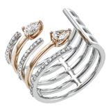 This two-tone 18k gold fashion ring features a multi-layered design set with .21 ctw round diamonds and .32 ctw pear shaped diamonds.