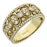 Crafted from 18k yellow gold, this wide fashion ring contains with .52 ctw of white diamonds set within repeating round and oval shapes, creating a lovely effect.
