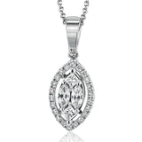 This lustrous pendant has a center composed of marquise diamonds 0.12 ctw, and princess cut diamonds 0.08 ctw. surrounded by a halo of round diamonds 0.09 ctw on a 19” chain