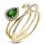 This 18k yellow gold ring is set with a lovely .42 ctw green pear shaped emerald and .34 ctw of white diamonds.