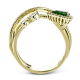 This 18k yellow gold ring is set with a lovely .42 ctw green pear shaped emerald and .34 ctw of white diamonds.